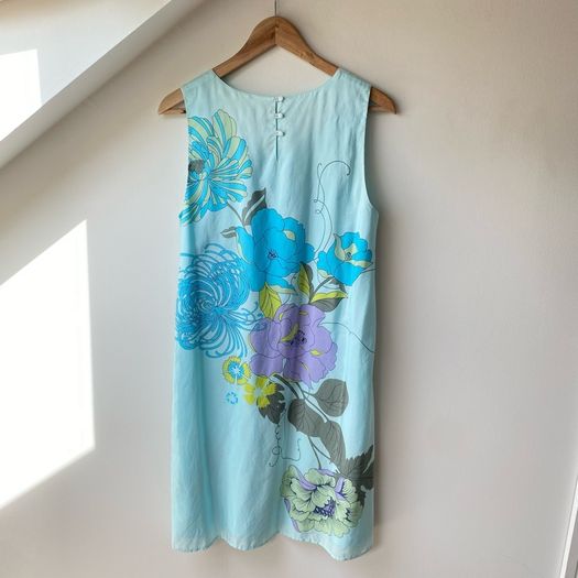 Peppercorn 100% Silk Turquoise Floral Shift Dress Medium