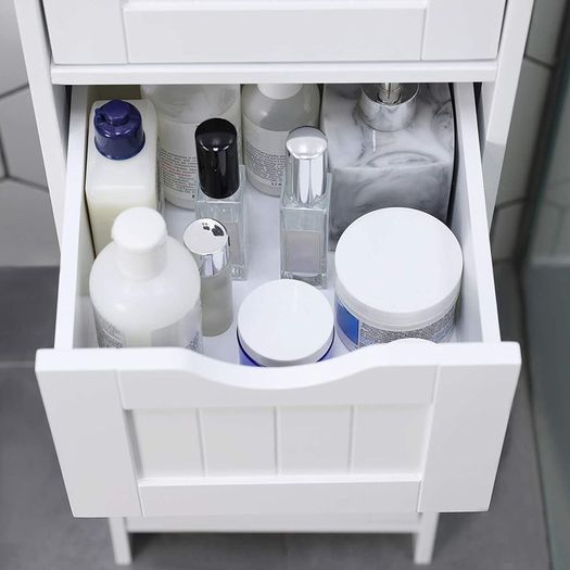 Bathroom cabinet, narrow wooden bathroom cabinet with 4 drawers, 30 x 30 x 82 cm, living room, bedroom, hallway, deep, free-standing, space-saving, white