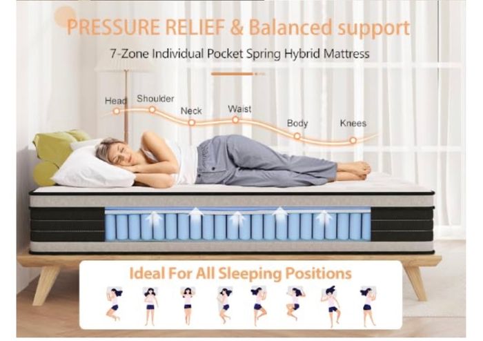 King Size Mattress Hybrid Mattress Medium Firm 150x200x30cm 12 inch, 2000 Pocket Springs, Gel Memory Foam, 7 Zone Support, Motion Isolation for Comfort Sleep