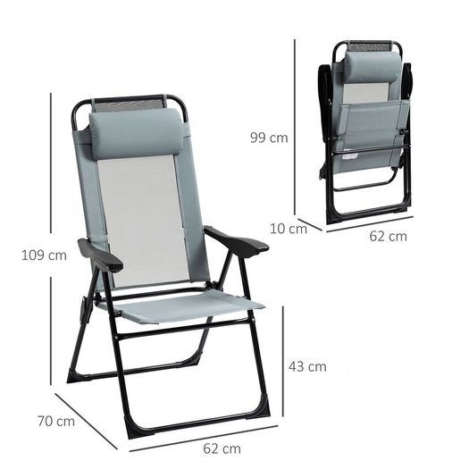 Set of 2 Grey Folding Recliner Chairs, Adjustable Outdoor Patio Lounge Chairs with Headrests and Metal Frames