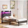 Single Bed Frames with 3ft Upholstered Wooden Two-shelf Storage Headboard, Charging Station,LED Lights Image 6