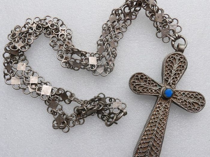 Vintage Turquoise  Large 4" Cross Pendant and unusual Chain length 34"