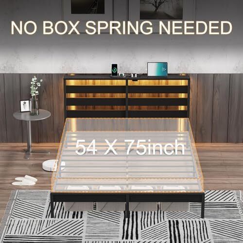 Double Metal Bed Frame with USB Charging Station, LED Lights & Storage Headboard Heavy Duty Black Platform Bed with 31.5 cm Underbed Storage, No Box Spring Needed, Noise Free (Black, Double)