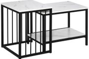 Modern Coffee Table Set of Two, Marble-Effect Nesting Side Tables with Steel Frame for Living Room, White, Black