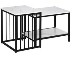 Modern Coffee Table Set of Two, Marble-Effect Nesting Side Tables with Steel Frame for Living Room, White, Black