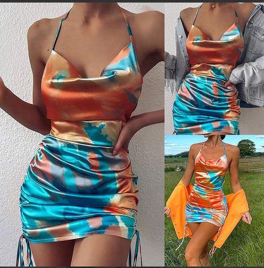 Tie dye satin ruched dress