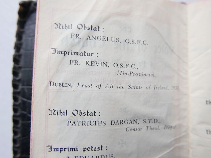 Vintage Catholic pocket prayer manual titled The Voice of the Church, compiled by Father Aloysius, O.S.F.C., and published in Dublin by M.H. Gill & Son, Ltd.
