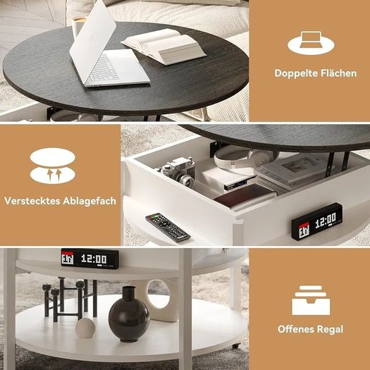 Round Lift Top Coffee Table with Storage and Hidden Compartment, 68cm Farmhouse Coffee Tables for Living Room Reception Room, 2 Tier Small Round Center Table Circle Dining Table, White