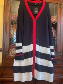 Ulla Popken FURTHER. REDUCED new long cardigan in navy with red and white . Size 28.   length is 42 inches
