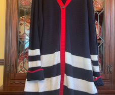 Ulla Popken FURTHER. REDUCED new long cardigan in navy with red and white . Size 28.   length is 42 inches