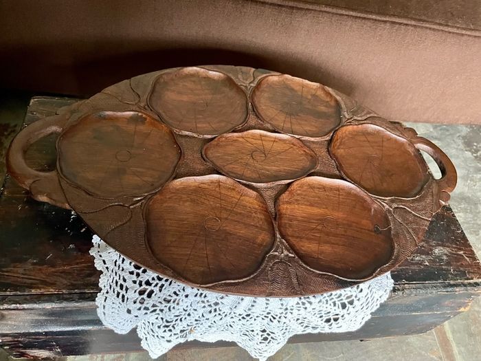 Superb Art Nouveau Style Vintage Handcarved Tray with Lilypad Design