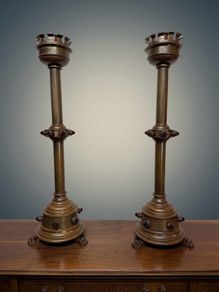 Monumental Pair of 19th Century Brass Altar Candelabras