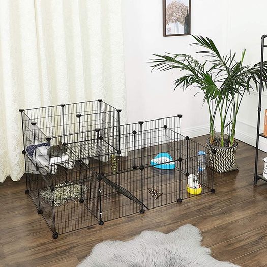 Guinea Pigs Cage, Metal Mesh Pet Playpen with Door, Customisable Fence for Small Animal, Rabbit, for Indoor Use, with Rubber Mallet, 143 x 73 x 71 cm Black (FREE POSTAGE)