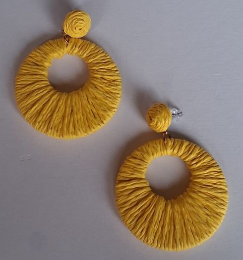 Golden Yellow Raffia Woven Stud Hollow Out Woven Hoop Earrings