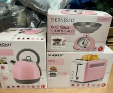 Pink toaster, kettle and scales