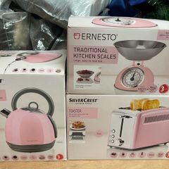 Pink toaster, kettle and scales