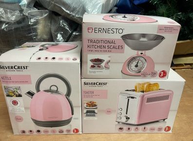 Pink toaster, kettle and scales