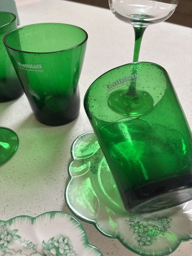 12 Pieces - Vintage Luminarc Alsace Mid Century Wine Glasses with Emerald Green Stem, Galbiati Milano Tumblers and Vintage Art Deco Royal Grafton Side Plates
