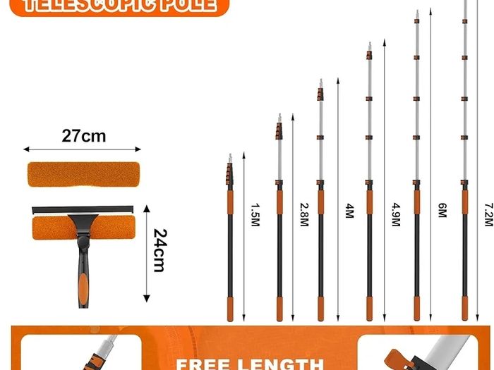 7.2m Telescopic Window Cleaner, Professional Window Cleaning Equipment with Extendable Window Cleaning Pole and 25cm Window Squeegee, Long Reach Window Cleaner Tool for Outdoor/Indoor Use