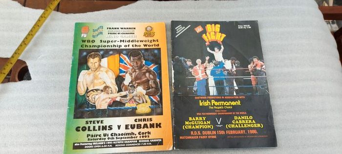 2 x boxing programmes,, Barry mcguigan fight 15th February 1986  R.D.S dublin ,and Steve Collins fight,9 September 1995 Cork, , 2 x irish boxing champions,,2 x legends of irish boxing...