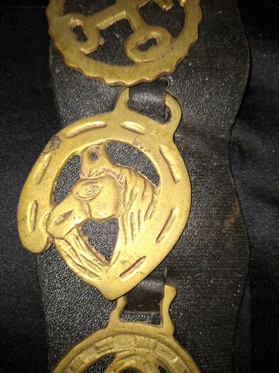 Set of Five Old Brass Horse Medallions on a black strap, Postage Available,