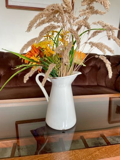 Vintage Shabby Chic Antique White Enamel Jug Vase