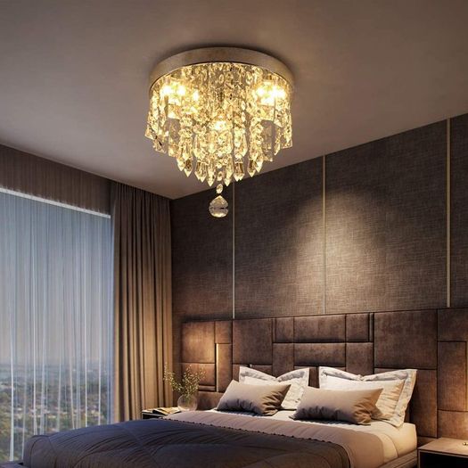 Crystal Chandelier,K9 Modern Led Ceiling Light Flush Mount Stainless Steel Fixtures,250mm,Beaded Light Shade with Clear Acrylic Jewel Droplets for Bedroom Dining Room Living Room