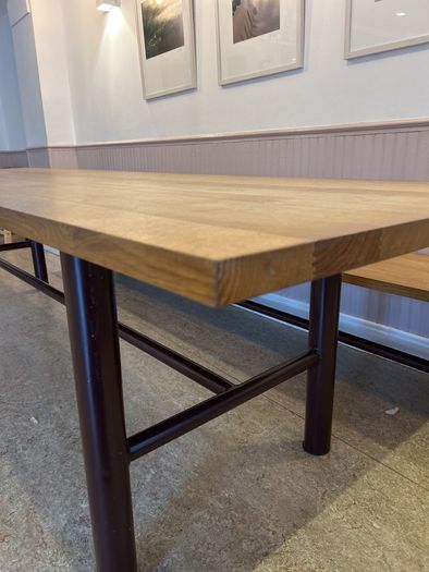 Large solid oak dining table  and benches (3m)