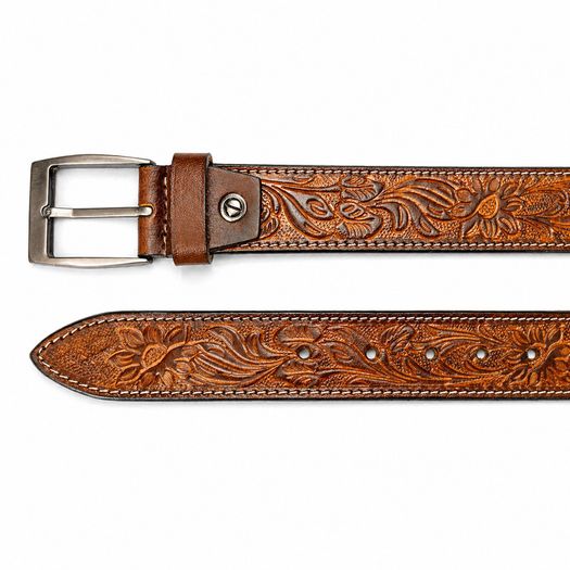 Unisex Genuine Leather Belt Vintage Embossed Design with Antique Buckle Casual & Formal Waist Belt