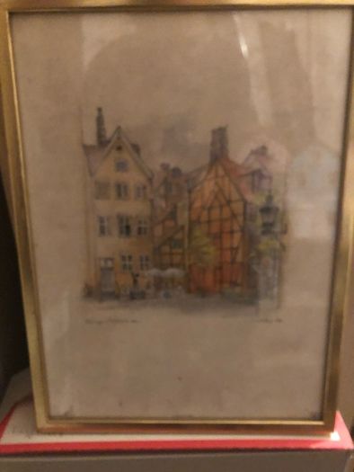 Mads Stage Danish Artist Watercolor Print Lithograph Cafe Buildings