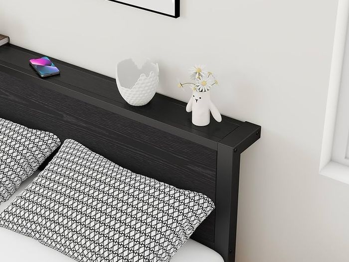 Double Bed Frame with Wooden Storage Shelf Headboard, Metal Platform Bed Frame Double Bed, No Box Spring Needed, Enhanced Support, Black