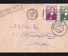 1952 Ireland Centenary of the Death of Thomas Moore (Poet & Musician) Commemorative Stamps Plain Addressed First Day Cover (FDC) with Corcaigh cancel of 10th November and Baile Atha Cliath (Dublin) Cancel of 17th November
