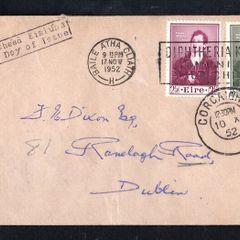 1952 Ireland Centenary of the Death of Thomas Moore (Poet & Musician) Commemorative Stamps Plain Addressed First Day Cover (FDC) with Corcaigh cancel of 10th November and Baile Atha Cliath (Dublin) Cancel of 17th November