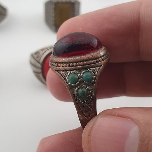 Lot of 15 Antique Tribal Style Brass Rings Mixed Stone & Colourful Glass
