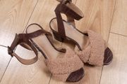 ASOS Dark Brown Croc-Effect &amp; Beige Teddy Fleece Strap Ankle-Buckle Block Heels 4UK/37EU