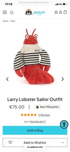 New JELLYCAT Larry Lobster Sailor Outfit