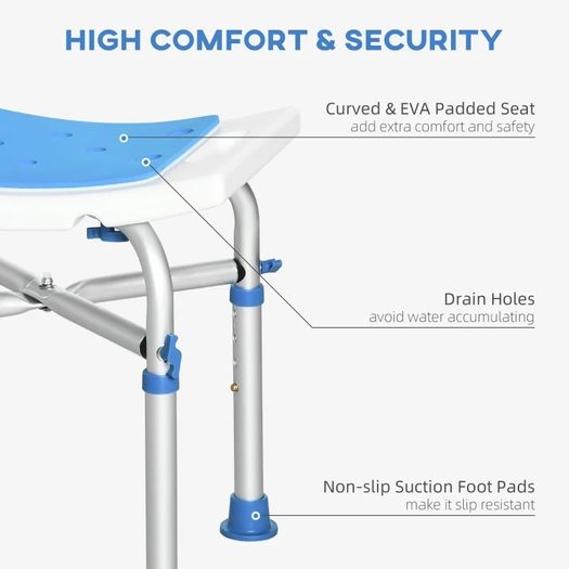 NEW SALE | Bath Stool for Seniors, Adjustable Padded Shower Stool with Built-in Handle Non-slip Suction Foot Pads Blue