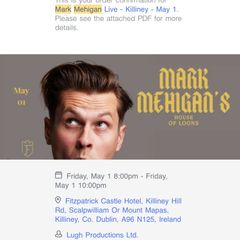 Mark Mehigan Comedy Show tonight Killiney tickets x 2