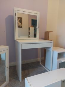 White desk / dressing table  / bedside lockers / mirrored cabinet.