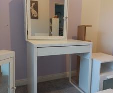 White desk / dressing table  / bedside lockers / mirrored cabinet.