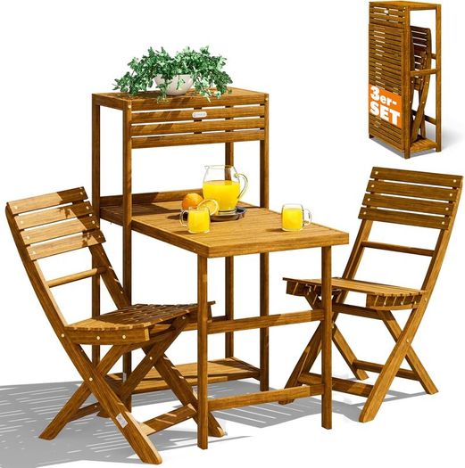 Folding Bistro Set for 2  Acacia Wood with Storage Shelves & 2 Chairs