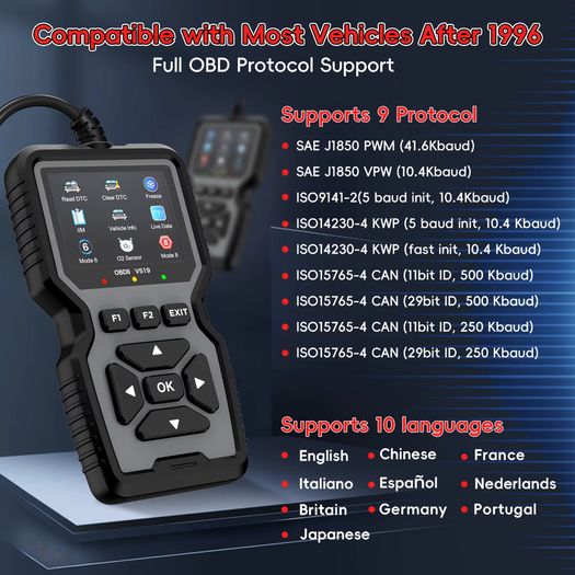 V519 Professional Obd2 Scanner - USB Powered Car Diagnostic Tool with Real-Time Data Stream, Full-Featured Obd Ii Testing (I/M Ready, Bod2/Eobd), Clears Check Engine Light, Reads/Erasing Codes from Most Vehicles, Car Maintenance, Ergonomic Design, Durable