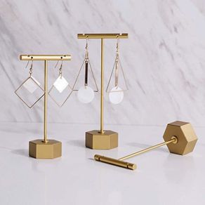 Metal 3pcs Earring T Stand Jewelry Display for Show, Retail T Bar Earring Stand Organizer, Jewelry Photography Display for Show Gold-Hexagon Base 3pcs Height 13.5cm