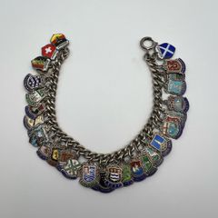 Vintage Sterling Silver Travel Shield Place Name Souvenir Charm Bracelet - 33 Charms from UK and Europe - Approx 55g