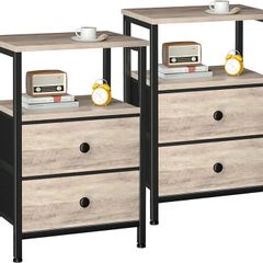 Bedside Table Set of 2, Side Table with 2 Fabric Drawers, Bedroom Bedside Cabinet with Open Storage Shelf, End Table, Nightstand for Living