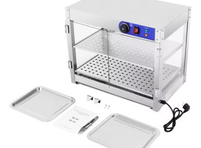 800W Food Warmer Display Cabinet 201 stainless steel 2 Tiers Hot Cabinet for Fast-food Restaurants, Breakfast Shops
