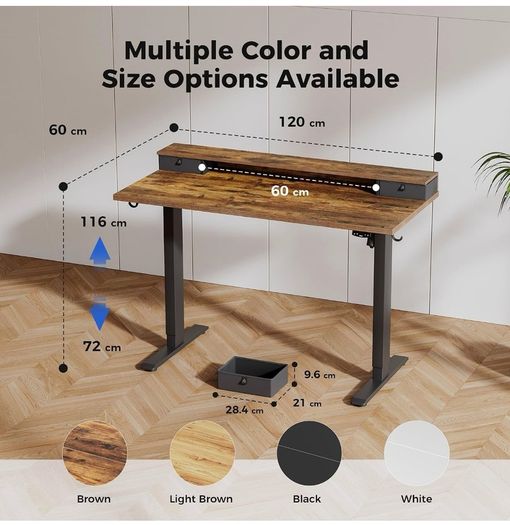 Electric Adjustable Height Desk, with 2 Fabric Drawers, 120x60cm 72-116cm Height, Stable Sit-Stand Standing Desk w. 2 Memory Buttons, Computer Desk for Home Office, 2 pcs Desktops, Brown
