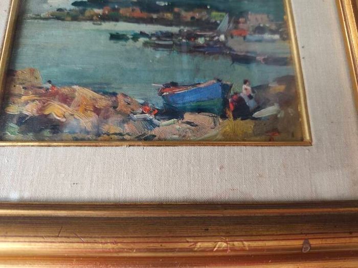 Oil painting of a harbour with boats