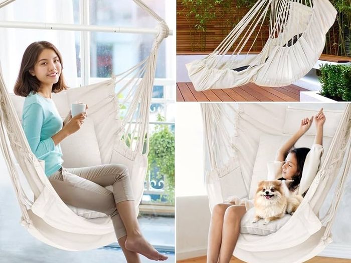 NEW SALE | Hammock Chair Hanging Swing 2 Seat Cushions Included,Strong Webbing Straps and Hooks for Easy Hanging Soft Cotton Weave Hanging Chair Side Pocket Large Tassel Chair Set Comfort Indoor Outdoor
