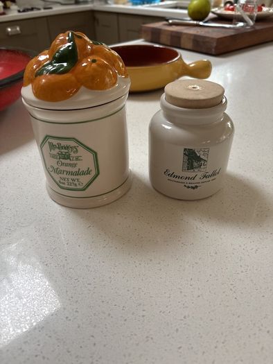 2 Vintage Glazed Jars - Mrs Bridges Orange Marmalade and Edmond Fallot Moutardier A. Beaune Depuis 1840 Mustard Pot Collectors Jar